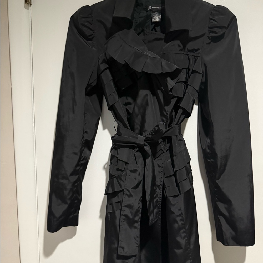 INC International Concepts Black Ruffled Rain Coat/ Trench Coat